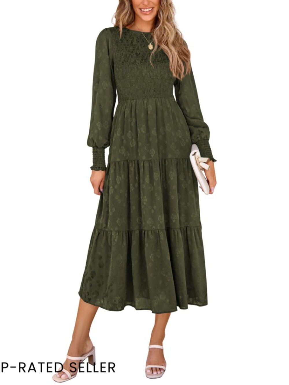 Floral Midi Dress Long Sleeve Smocked Elegant Wedding Guest Boho Chic